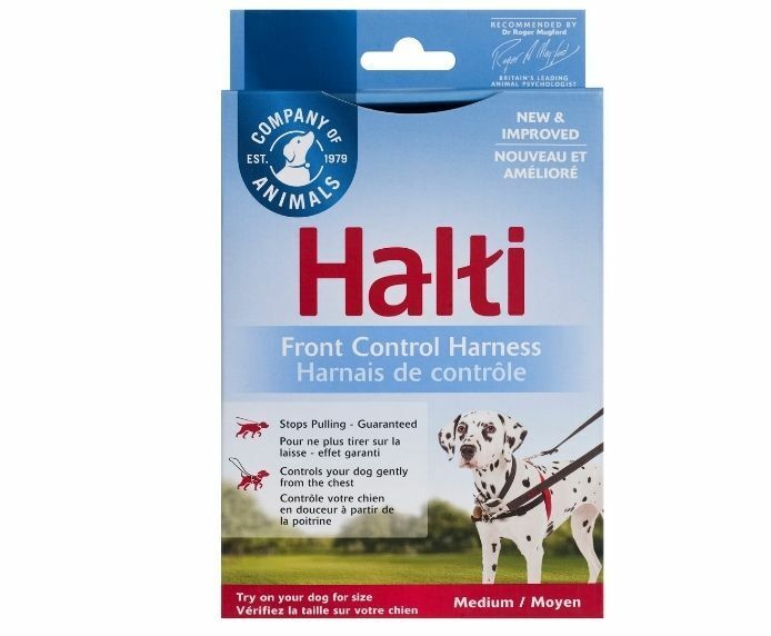 Halti Front Control Harness retail packaging showing a Dalmatian wearing the red harness, Medium size