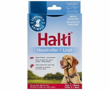 Halti Headcollar packaging showing a Labrador wearing the black headcollar, Size 3, by Company of Animals