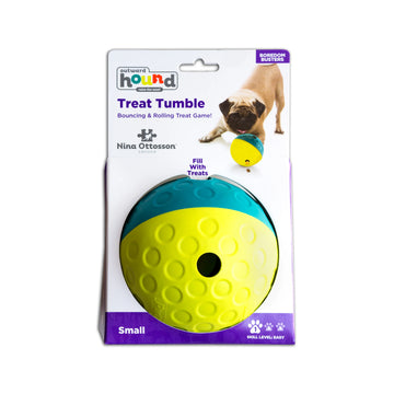 Outward Hound Nina Ottosson Treat Tumble Small in retail packaging, showing the yellow and teal treat-dispensing ball with a pug puppy on pack and Skill Level 1 indicated on the box.