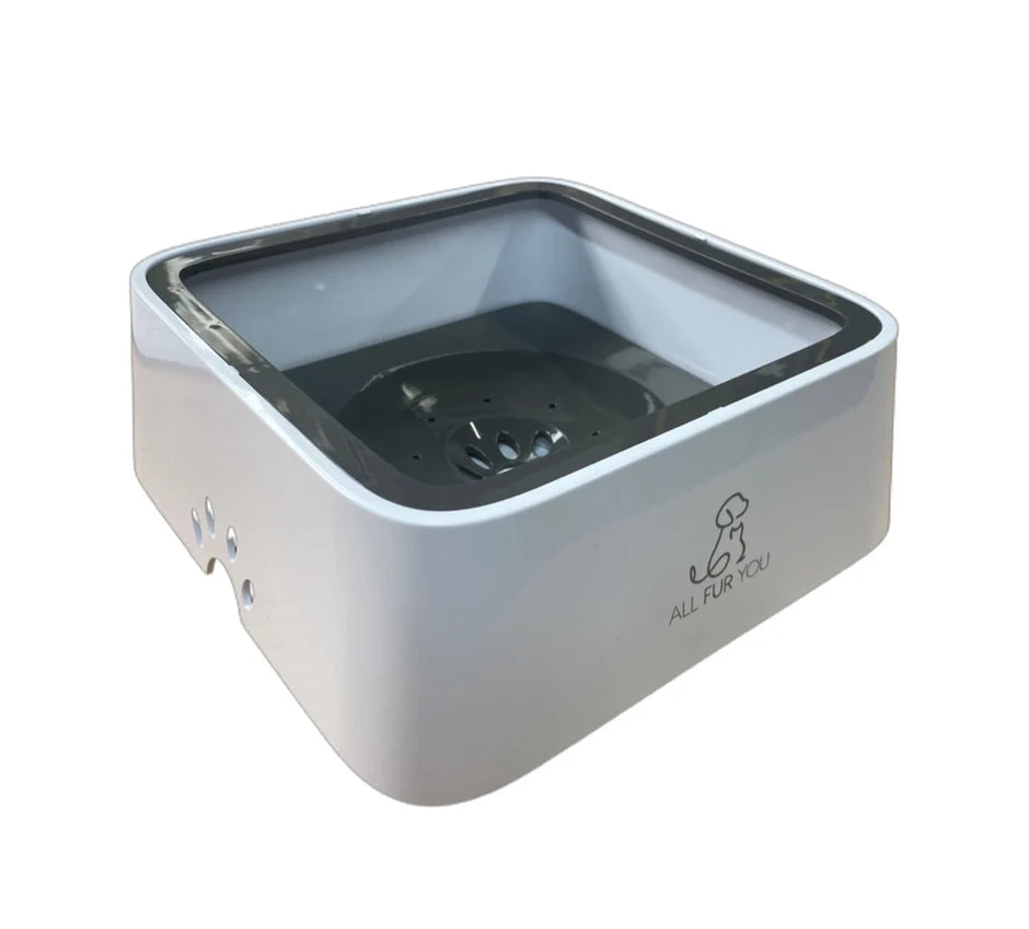 All Fur You 2L grey anti-splash pet water bowl showing the floating disc and locking strip from a three-quarter angle
