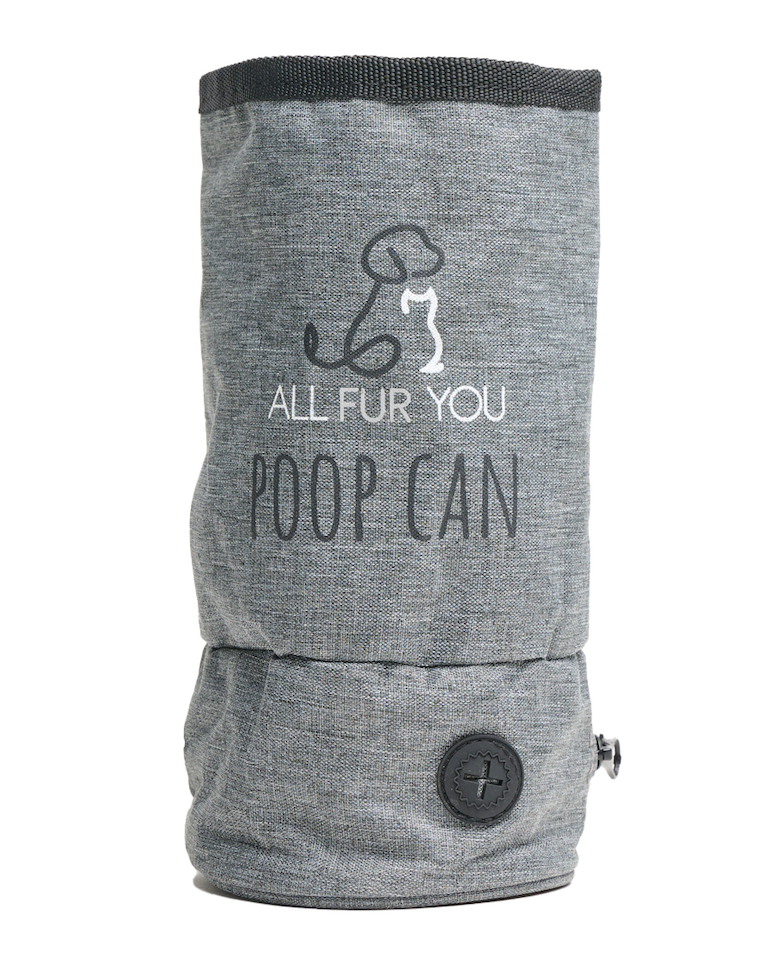 All Fur You Poop Can in grey, showing the front with brand logo, drawstring top section and bag-dispenser opening at the base.