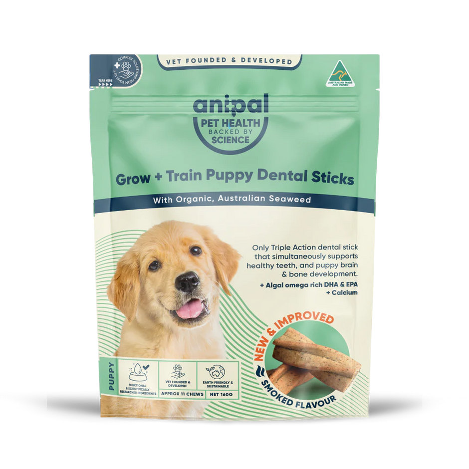 Front of Anipal Grow + Train Puppy Dental Sticks 160g bag, featuring a golden retriever puppy and organic Australian seaweed callouts.