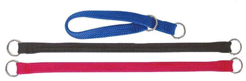 Three Beau Pets 20mm nylon slip collars laid flat — one blue looped open, one black and one red, each with a metal O-ring at each end.