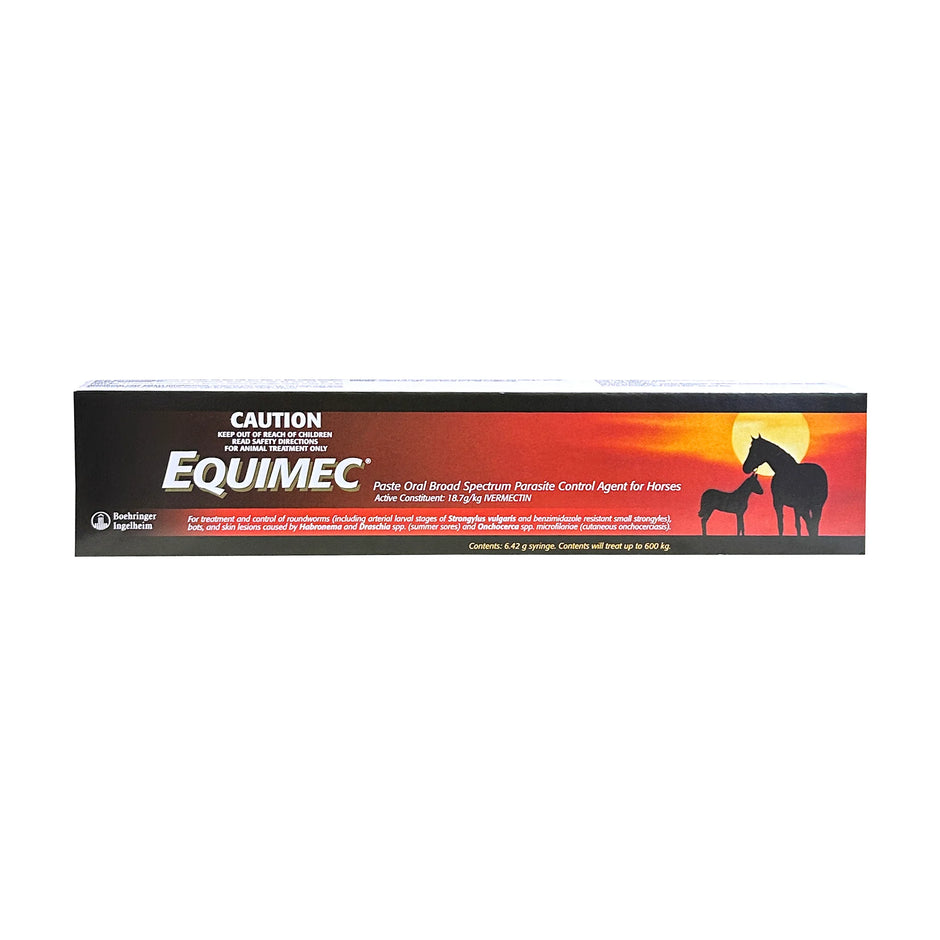 Equimec Paste Oral Broad Spectrum Parasite Control Agent for Horses 6.42g box by Boehringer Ingelheim, showing product name, active constituent ivermectin, and horse silhouette imagery on a red sunset background.