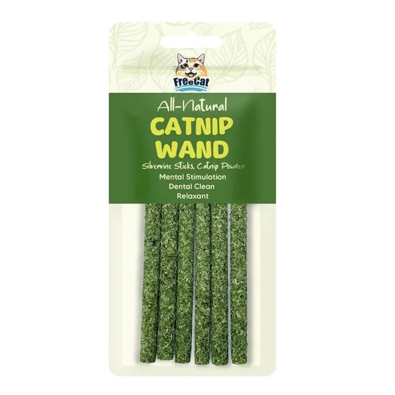 Freecat All-Natural Catnip Wand 6-pack in retail blister packaging, showing six green silvervine and catnip sticks with product claims on the label.