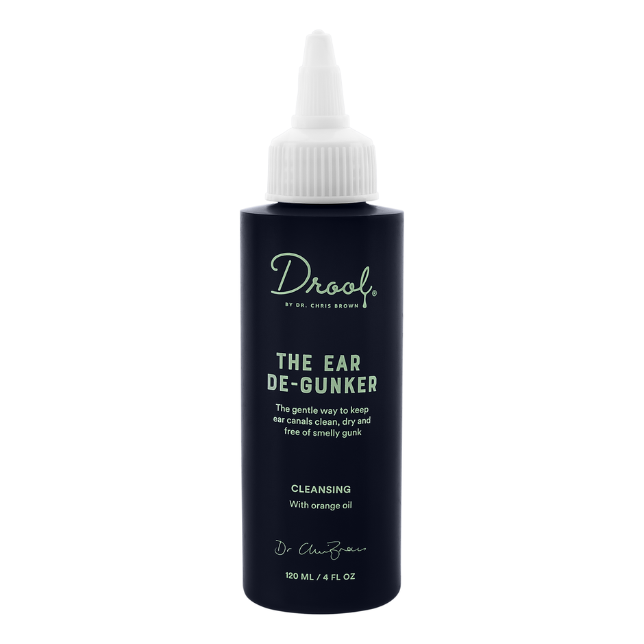 Drool by Dr Chris Brown The Ear De-Gunker 120ml bottle with white precision tip applicator, front view showing brand name and product name on dark label