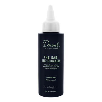 Drool by Dr Chris Brown The Ear De-Gunker 120ml bottle with white precision tip applicator, front view showing brand name and product name on dark label