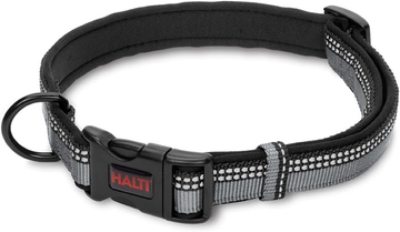 Halti Comfort Dog Collar in black, showing neoprene padding, reflective stitching, metal D-ring, and 3-prong quick-release clip on a white background.
