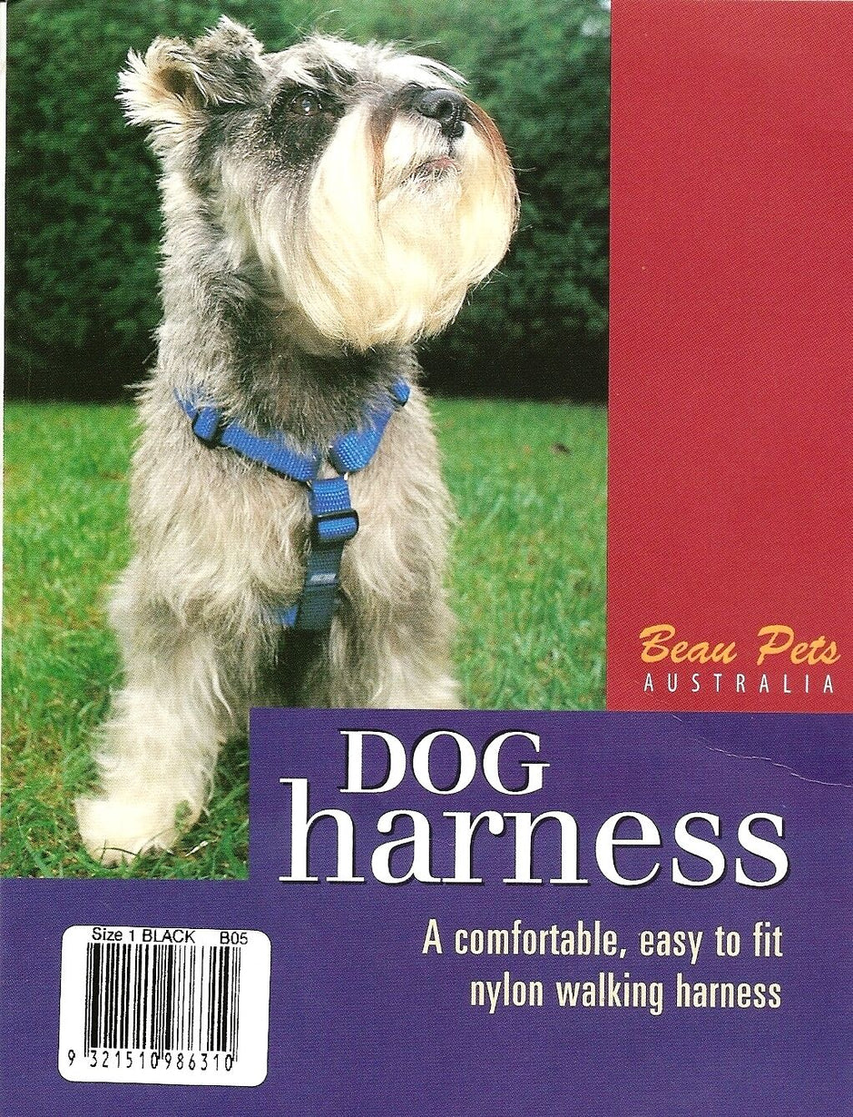Beau Pets Australia dog harness packaging showing a schnauzer wearing a blue nylon walking harness on a grass lawn