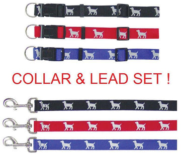 Beau Pets nylon dog collar and lead sets laid out in black, red, and blue, showing the reflective dog motif on both the collars and leads with stainless steel fittings