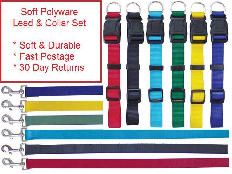 Beau Pets Soft Polyware dog collar and lead sets laid out in multiple colours including red, blue, green and black, showing the plastic click buckles and metal snap clips