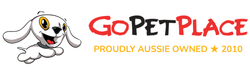 A GoPetPlace logo banner featuring a cartoon white dog on the left and the text 'GO PET PLACE Proudly Aussie Owned ★ 2010' on a white background.