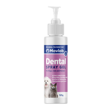 Mavlab Dental Spray Gel 125g pump bottle for dogs, cats and horses, showing chlorhexidine gluconate active constituent label with images of a dog and cat.