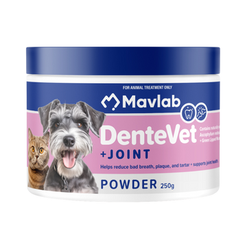 Mavlab DenteVet + Joint 250g powder supplement tub for dogs and cats, featuring a schnauzer and tabby cat on the pink and blue label