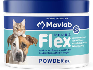 Mavlab PernaFlex Joint Health Supplement Powder 125g tub with images of a dog and cat on the label