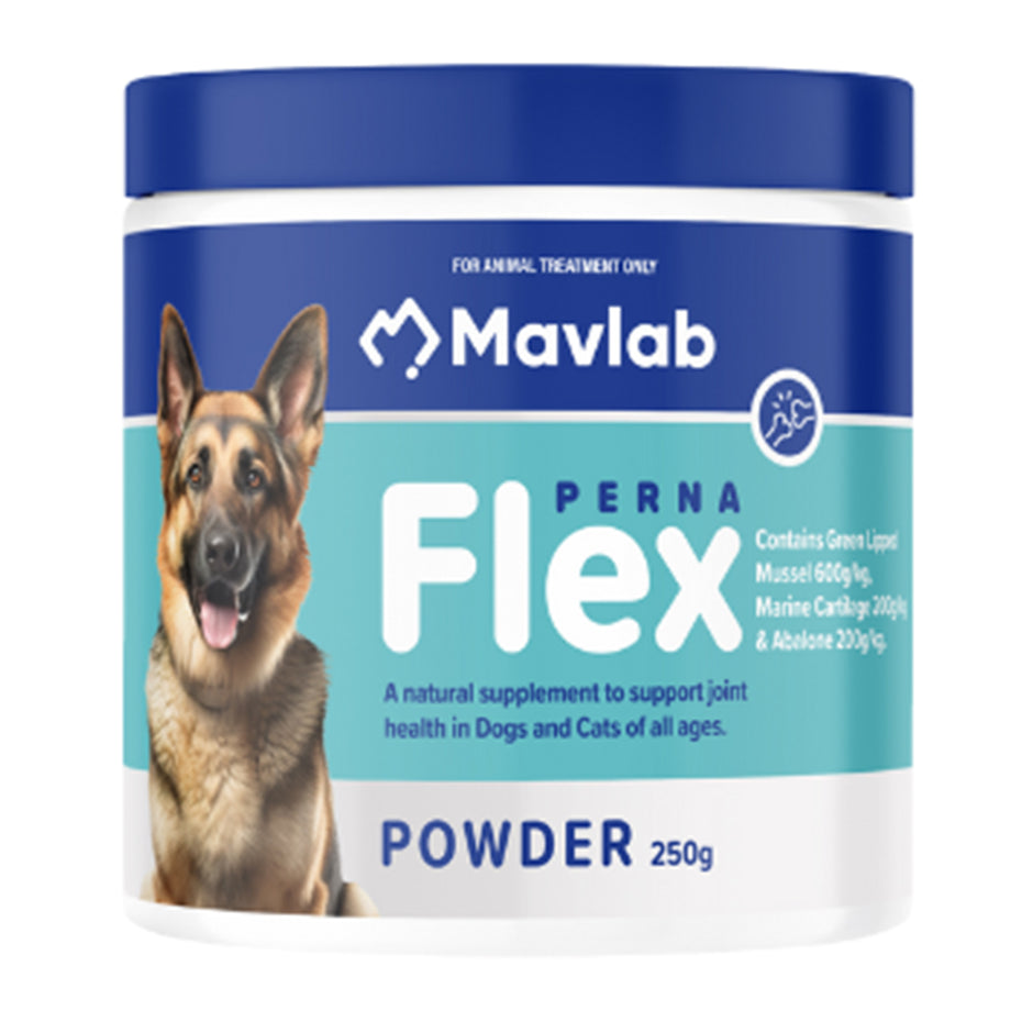 Mavlab PernaFlex joint health supplement powder 250g tub with blue lid, featuring a German Shepherd and the composition details on the label