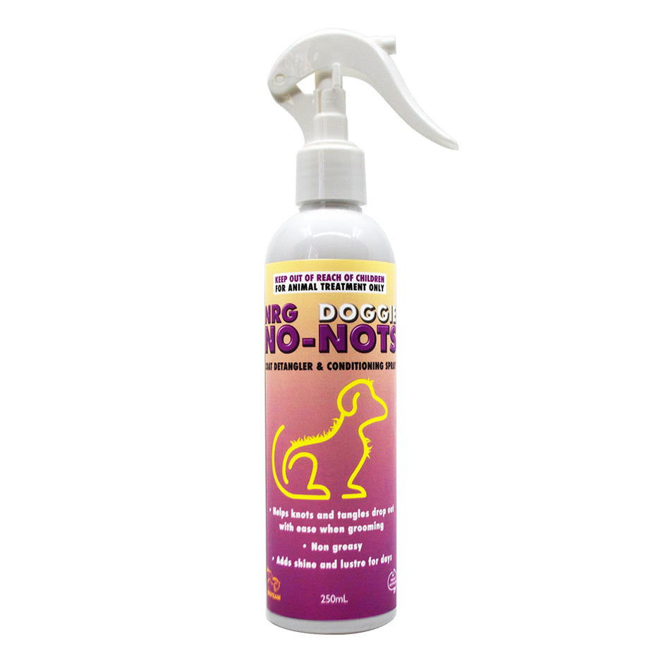 NRG Doggie No-Nots 250ml trigger spray bottle with pink-purple label, showing product name, dog illustration, and key benefits listed on front.