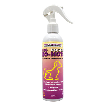 NRG Doggie No-Nots 250ml trigger spray bottle with pink-purple label, showing product name, dog illustration, and key benefits listed on front.