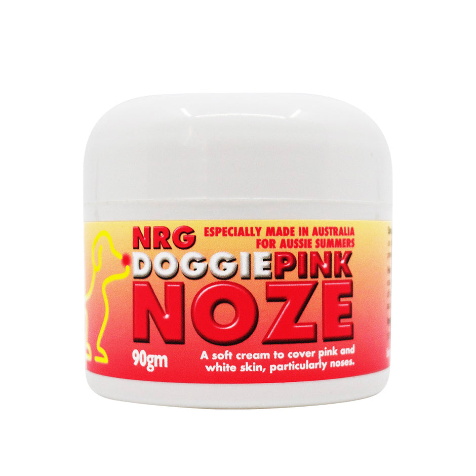 NRG Doggie Pink Noze 90g white jar with red and yellow label, a soft sun protection cream for dogs with pink and white sensitive skin