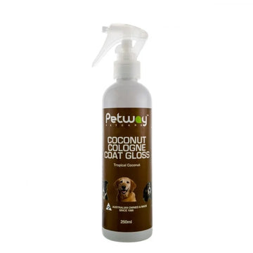Petway Petcare Coconut Cologne Coat Gloss 250ml trigger spray bottle with tropical coconut scent, showing product label with dog imagery.