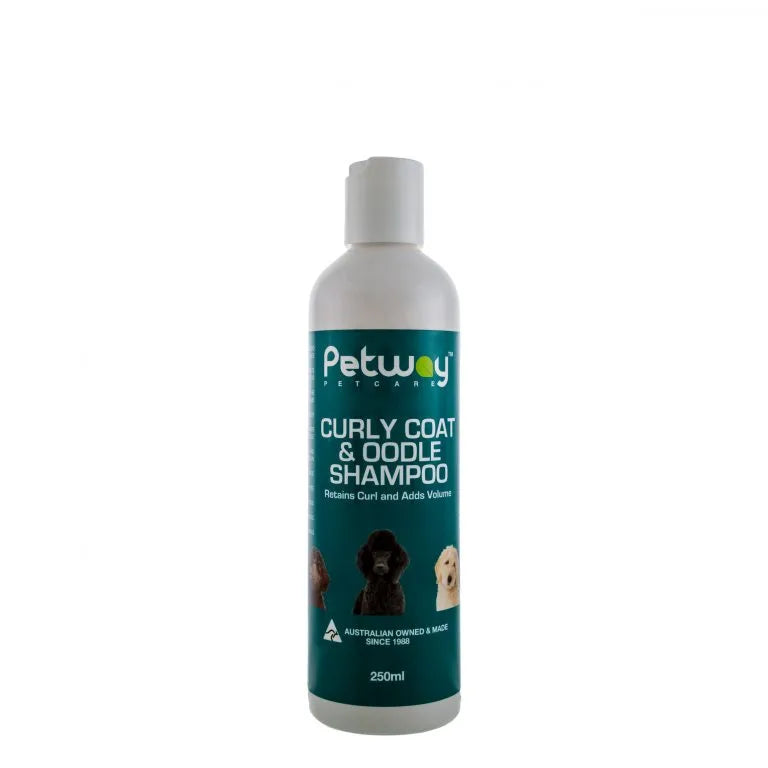 Petway Petcare Curly Coat & Oodle Shampoo 250ml bottle with teal label, showing three curly-coated dogs and 'Australian Owned & Made Since 1988' badge
