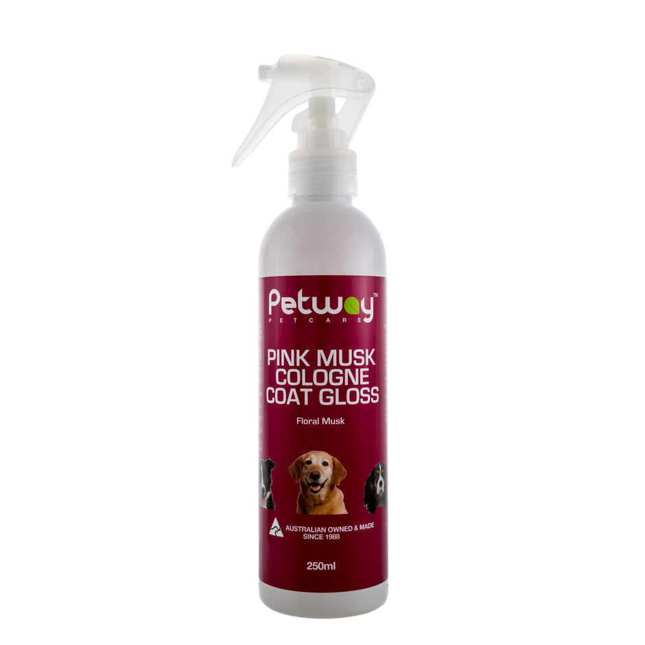 Petway Petcare Pink Musk Cologne Coat Gloss 250ml trigger-spray bottle with a burgundy label showing the product name, floral musk scent description, and three dogs.