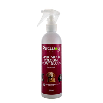 Petway Petcare Pink Musk Cologne Coat Gloss 250ml trigger-spray bottle with a burgundy label showing the product name, floral musk scent description, and three dogs.