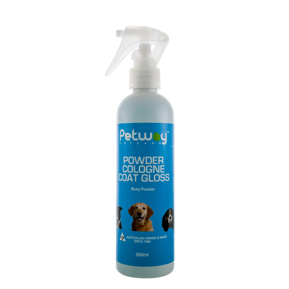 Petway Petcare Powder Cologne Coat Gloss 250ml trigger spray bottle with blue label and baby powder fragrance, showing three dog breed images on the front.