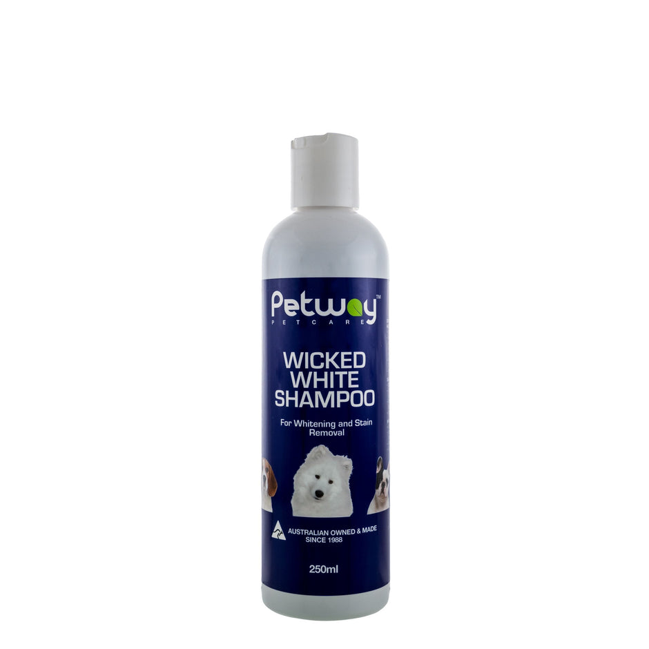 Petway Petcare Wicked White Shampoo 250ml bottle with navy label, showing whitening and stain removal shampoo for dogs