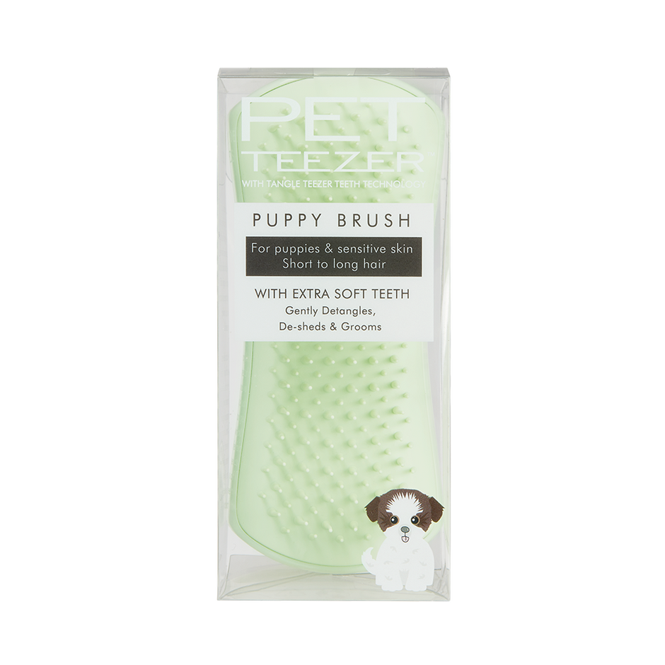 Tangle Teezer Pet Teezer Puppy Brush in green shown in its retail packaging, labelled for puppies and sensitive skin with extra soft teeth