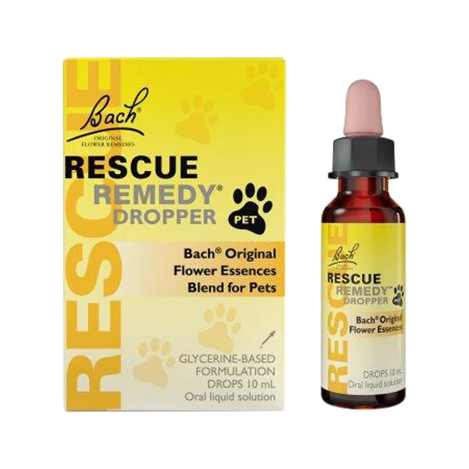 Bach Rescue Remedy Pet Dropper 10ml box and amber dropper bottle with yellow and cream packaging
