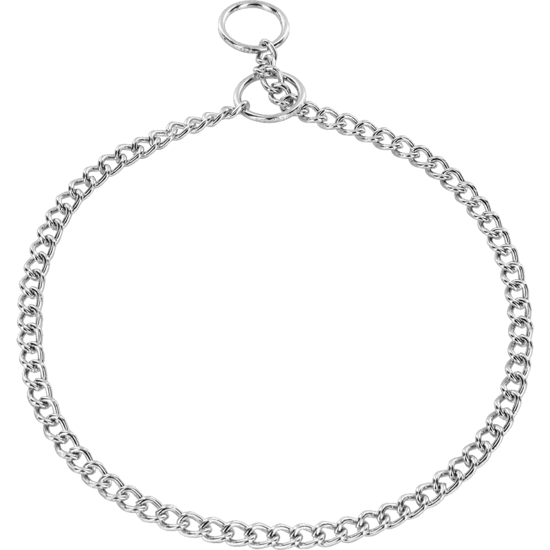 Herm Sprenger 1.5mm round link chrome plated steel dog check collar laid flat on a white background, showing the chain links and two O-rings at the closure.