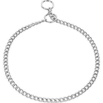 Herm Sprenger 1.5mm round link chrome plated steel dog check collar laid flat on a white background, showing the chain links and two O-rings at the closure.