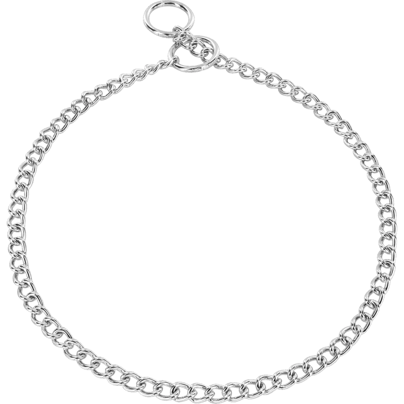 Herm Sprenger 2.0mm round link chrome plated steel check collar with ring and swivel hardware, laid flat on white background.