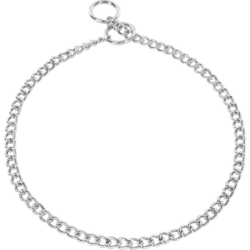 Herm Sprenger 2.0mm round link chrome plated steel check collar with ring and swivel hardware, laid flat on white background.