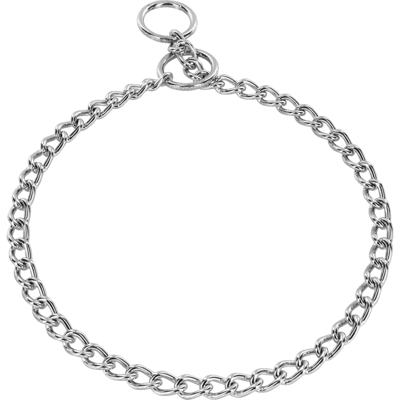 Herm Sprenger 2.5mm round link chrome plated steel dog check collar with two rings and swivel, laid flat on a white background.
