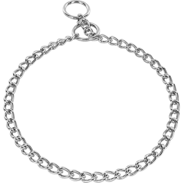 Herm Sprenger 2.5mm round link chrome plated steel dog check collar with two rings and swivel, laid flat on a white background.