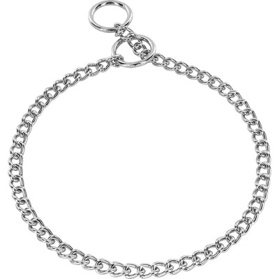 Herm Sprenger chrome plated steel dog check collar with round narrow links, 3.0mm gauge, shown laid flat in a circular loop with ring and swivel hardware visible.