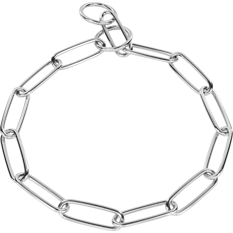 Herm Sprenger Fur Saver dog check collar in chrome plated steel, showing long oval links and swivel clip on a white background.