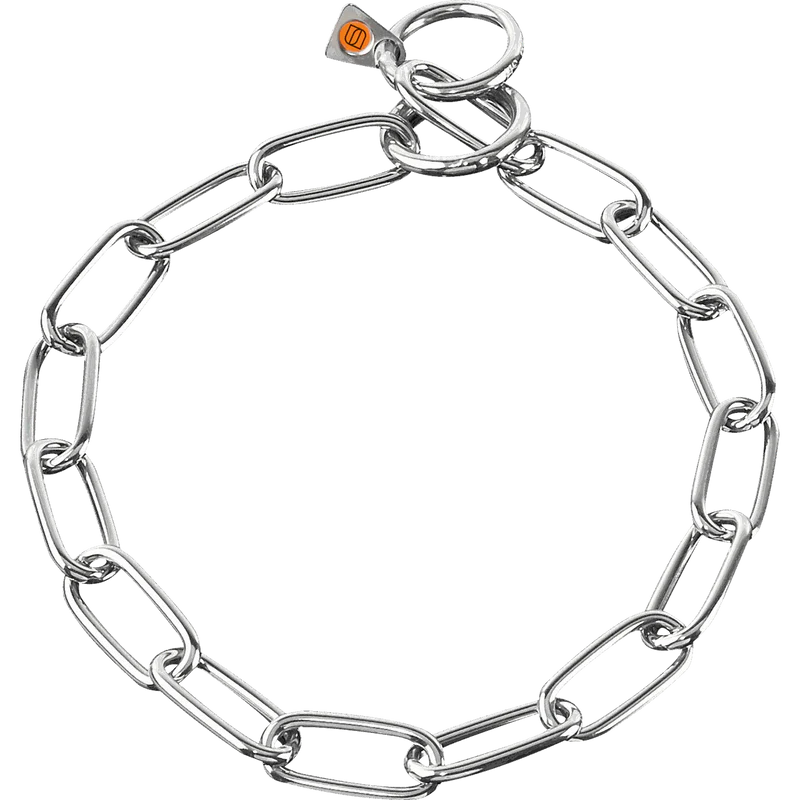 Herm Sprenger Fur Saver dog check collar in stainless steel, showing the full chain loop with extra-long oval links, toggle ring and orange HS authenticity tag