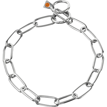 Herm Sprenger Fur Saver dog check collar in stainless steel, showing the full chain loop with extra-long oval links, toggle ring and orange HS authenticity tag