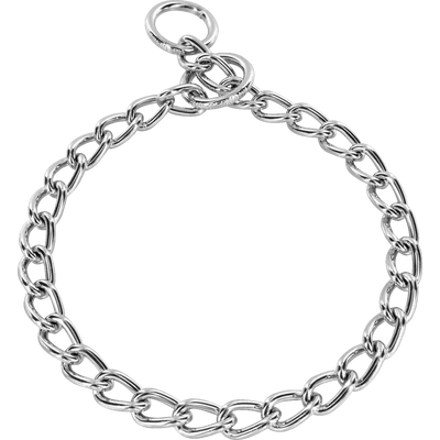 Herm Sprenger 4mm round link chrome plated steel check collar laid flat in a circle, showing the chain links, swivel, and O-ring closure.