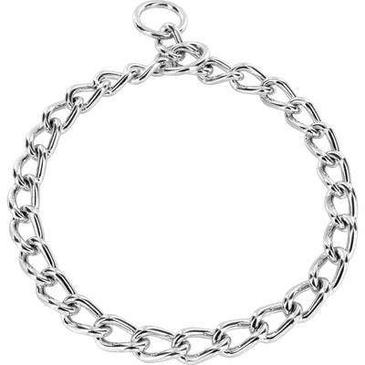 Herm Sprenger chrome plated round link dog check collar, 5mm gauge, shown laid flat in a circle displaying the chain links, trigger snap, and ring closure.