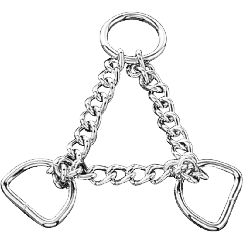 Herm Sprenger steel nickel-plated martingale assembly chain showing one round O-ring at top connected by two chain lengths to two D-rings at the base