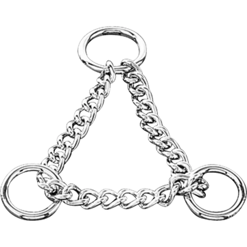 Herm Sprenger steel nickel-plated dog martingale assembly chain showing three O-rings connected by welded curb chain links in a triangular formation