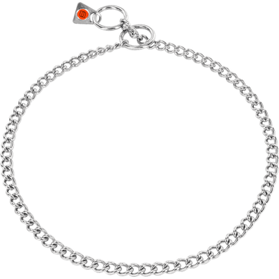 Herm Sprenger stainless steel round-link check collar laid flat in a loop, showing the O-ring, swivel, and red-dot HS metal tag