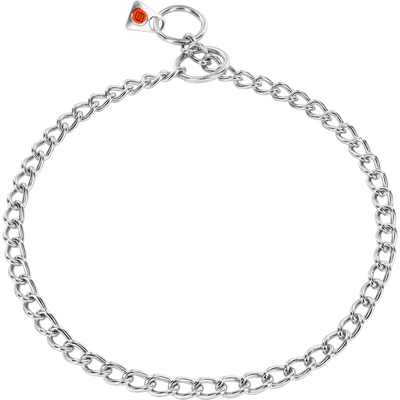 Herm Sprenger 2.5mm round-link stainless steel dog check collar laid flat in a circle, showing the o-rings and red-dot authentication tag