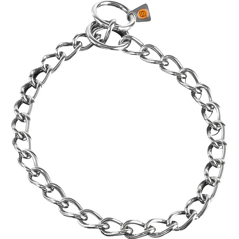 Herm Sprenger stainless steel round link dog check collar laid in a circle, showing the trigger snap and HS quality tag