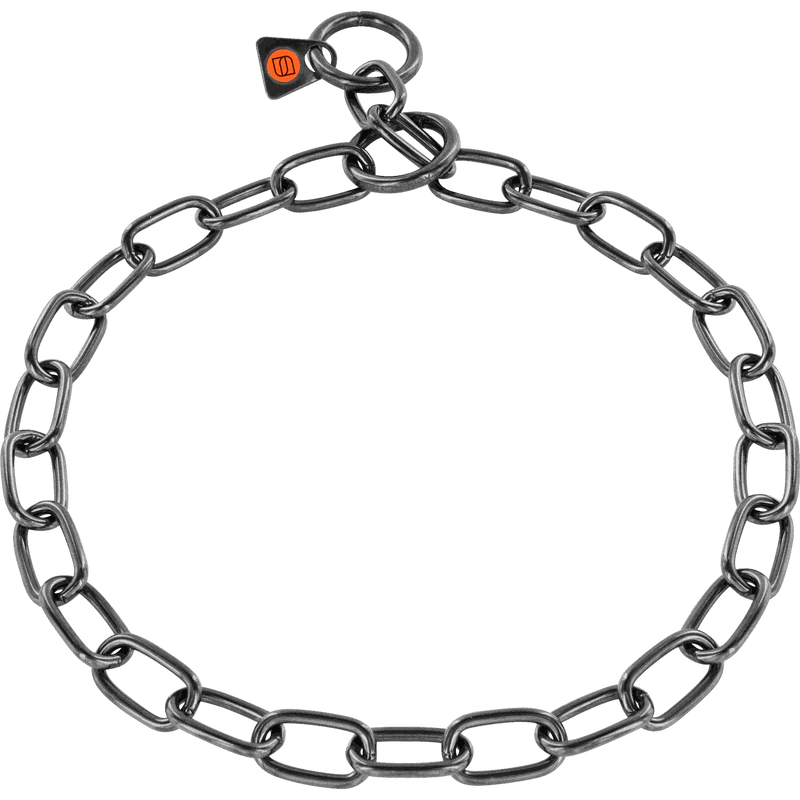 Herm Sprenger black stainless steel short link fur saver check chain collar laid flat on white background, showing the oval links, toggle closure, and orange Herm Sprenger tag