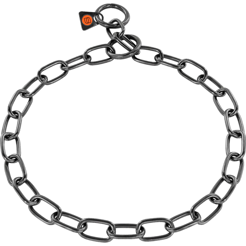 Herm Sprenger black stainless steel fur saver short link check chain collar, 4mm gauge, shown flat against a white background